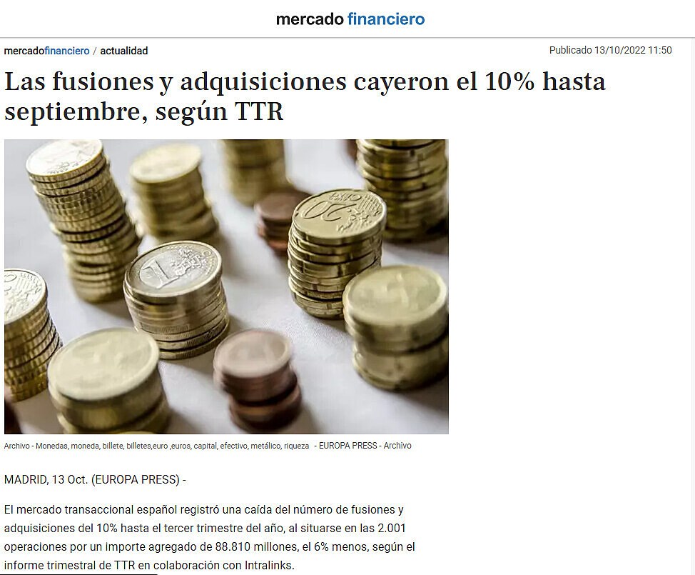 Las fusiones y adquisiciones cayeron el 10% hasta septiembre, segn TTR